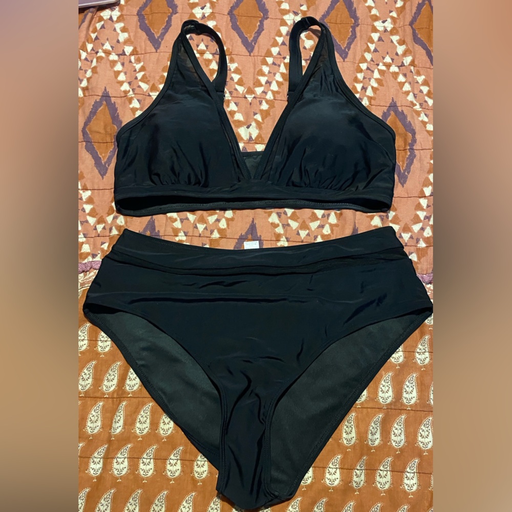 BLACK MESH TRIM TWO PIECE SWIMSUIT BIKINI XL new - Picture 4 of 9